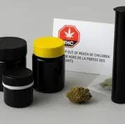 Child-resistant cannabis packaging in Canada including black PET jars, pop-top tube, and resealable mylar bag with Health Canada warning label.