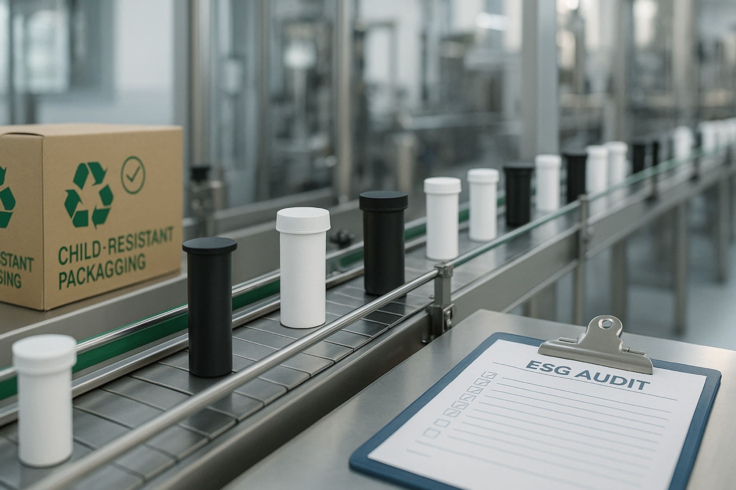 Cannabis packaging audit showing ESG checklist and recyclable containers