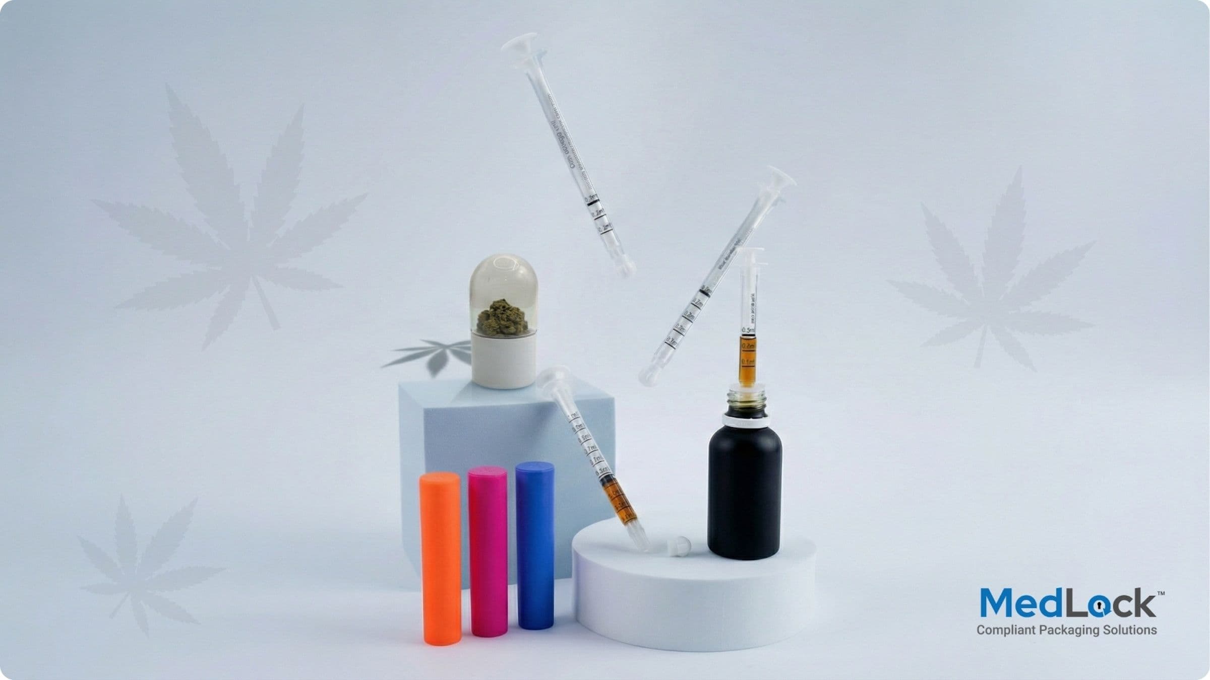 A sleek, custom-designed cannabis packaging container by MedLock, showcasing unique branding and child-resistant features, standing out next to standard stock packaging.