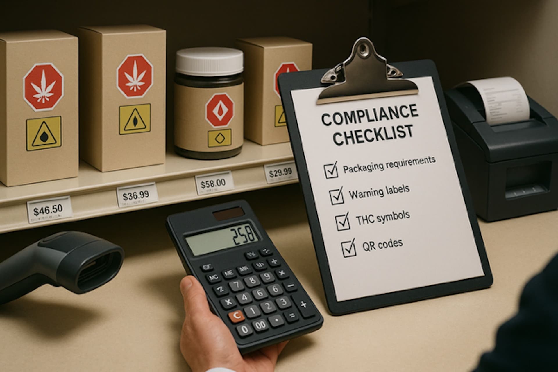 Cannabis retail shelf with plain boxes and jars showing THC symbols and price tags beside a compliance checklist and calculator.