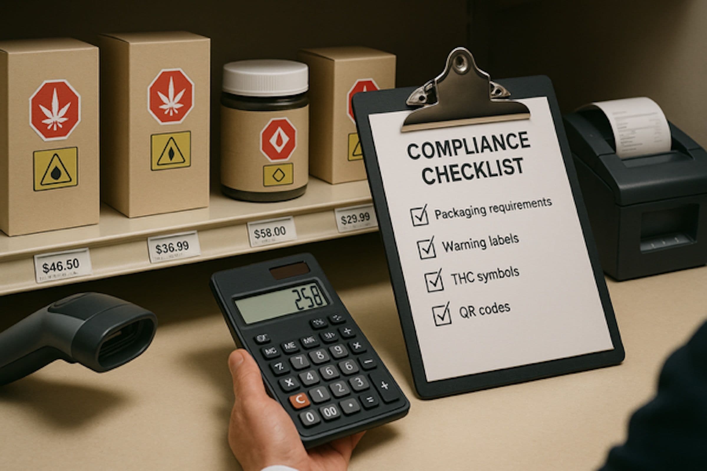 Cannabis retail shelf with plain boxes and jars showing THC symbols and price tags beside a compliance checklist and calculator.