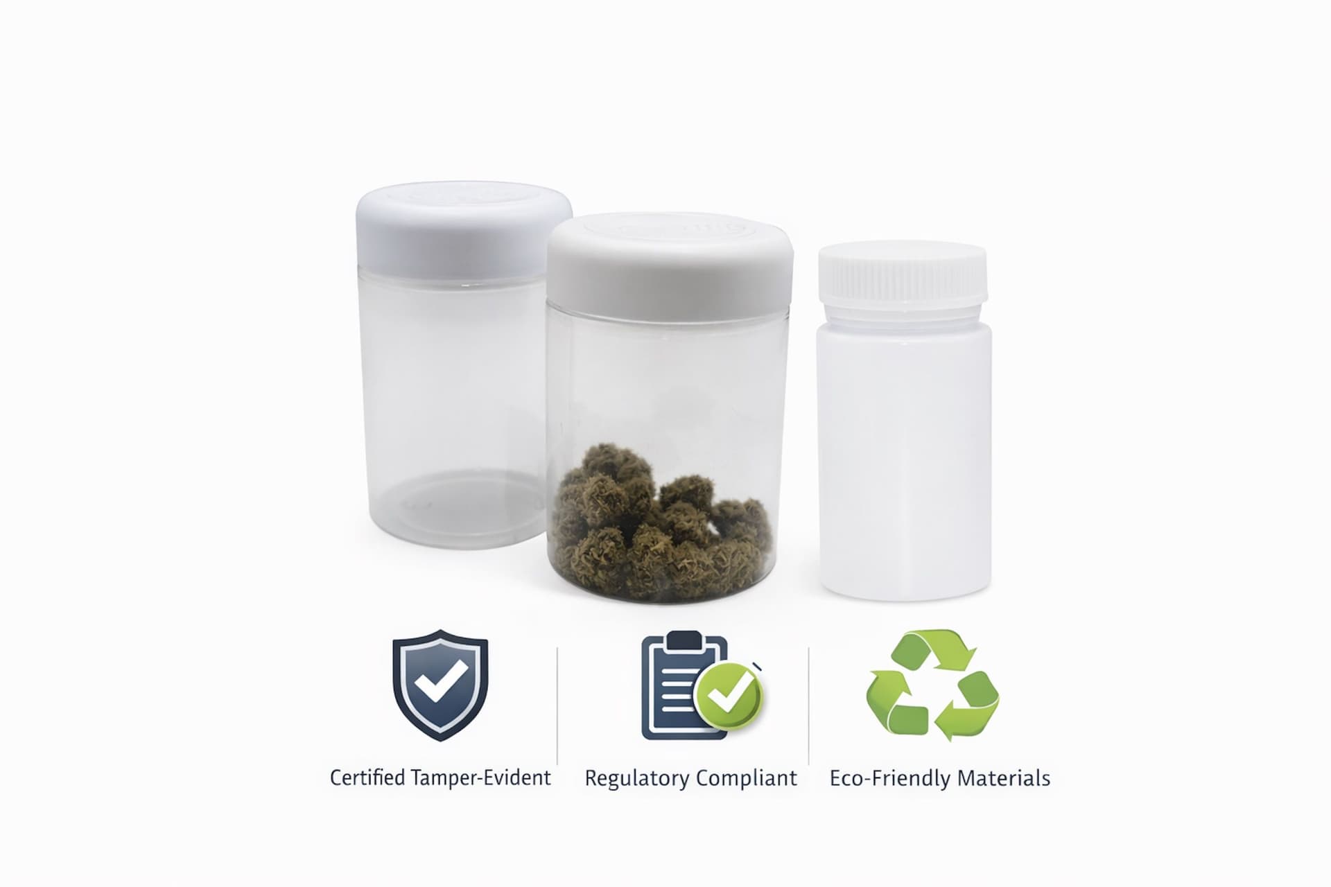 MedLock tamper-evident packaging products including CR/TE jars and bottles displayed on a clean white background.