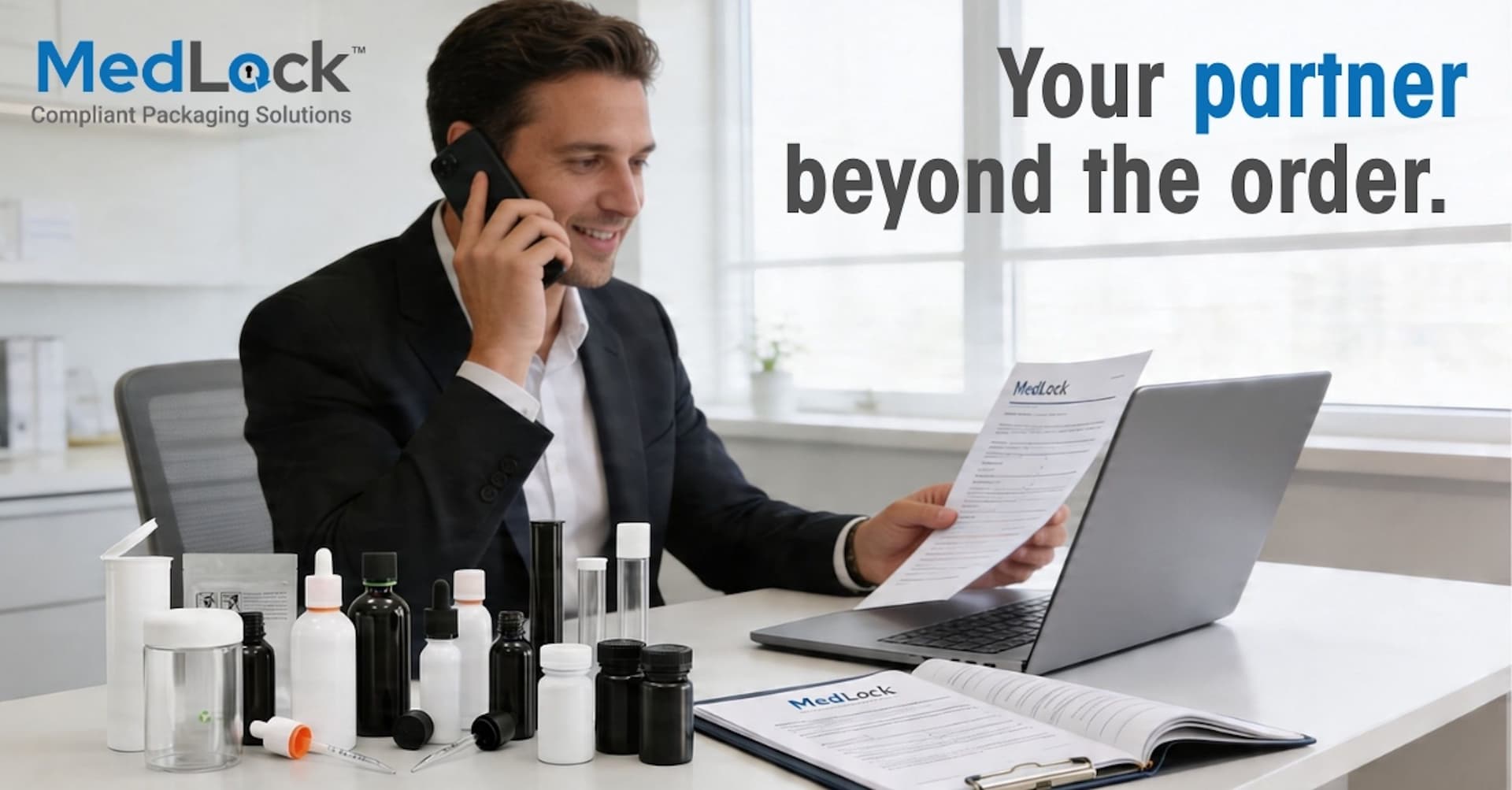 A smiling professional on a phone call at a desk reviewing a MedLock document, with a laptop and various MedLock packaging samples like bottles, jars, and droppers displayed. Text reads: 'MedLock Compliant Packaging Solutions. Your partner beyond the order.