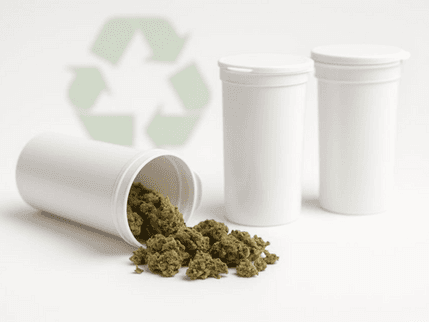 White recyclable pop-top tubes spilling cannabis buds on a white surface with a faint recycling symbol behind them.
