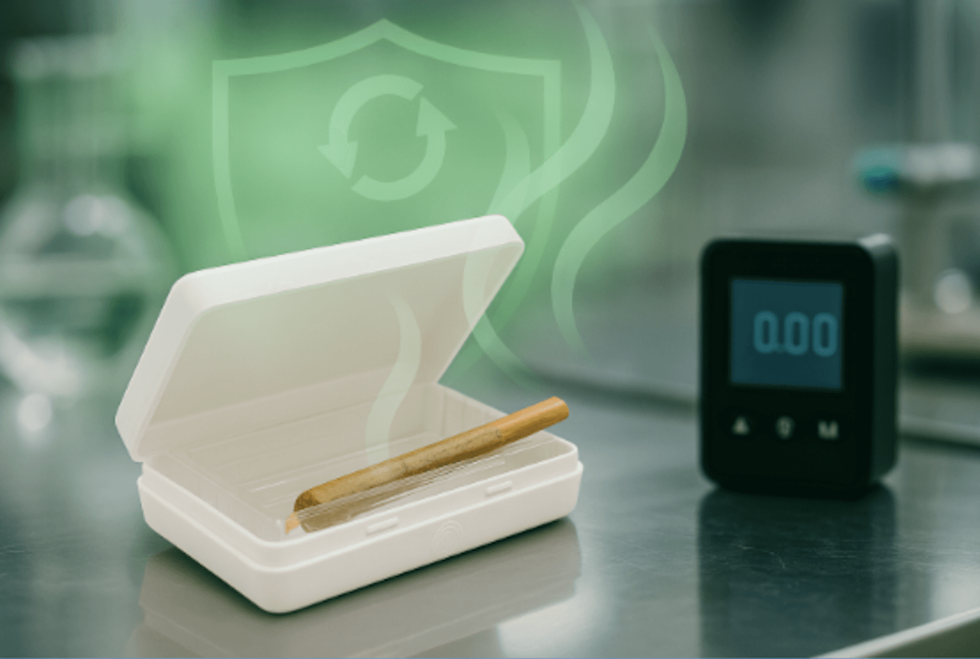 White 96 mm × 70 mm × 21 mm child-resistant cannabis box with pre-roll, shown in a lab setting beside a VOC meter reading 0.00 and green vapour-shield graphics symbolizing odour elimination.