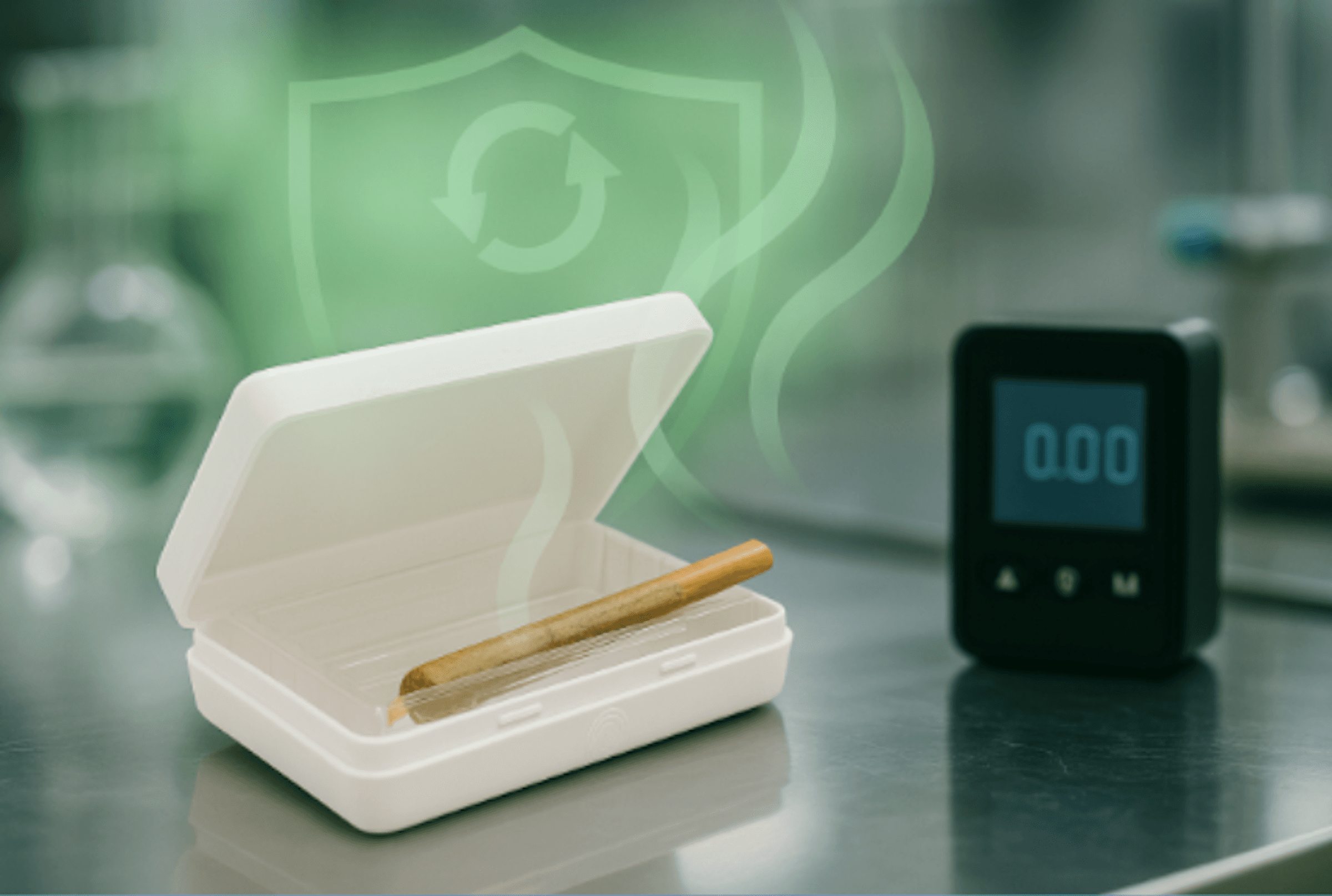 White 96 mm × 70 mm × 21 mm child-resistant cannabis box with pre-roll, shown in a lab setting beside a VOC meter reading 0.00 and green vapour-shield graphics symbolizing odour elimination.