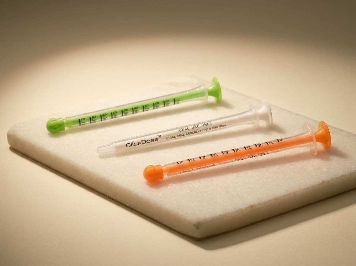 ClickDose™ Oral Syringe front three quarter generated editorial product image