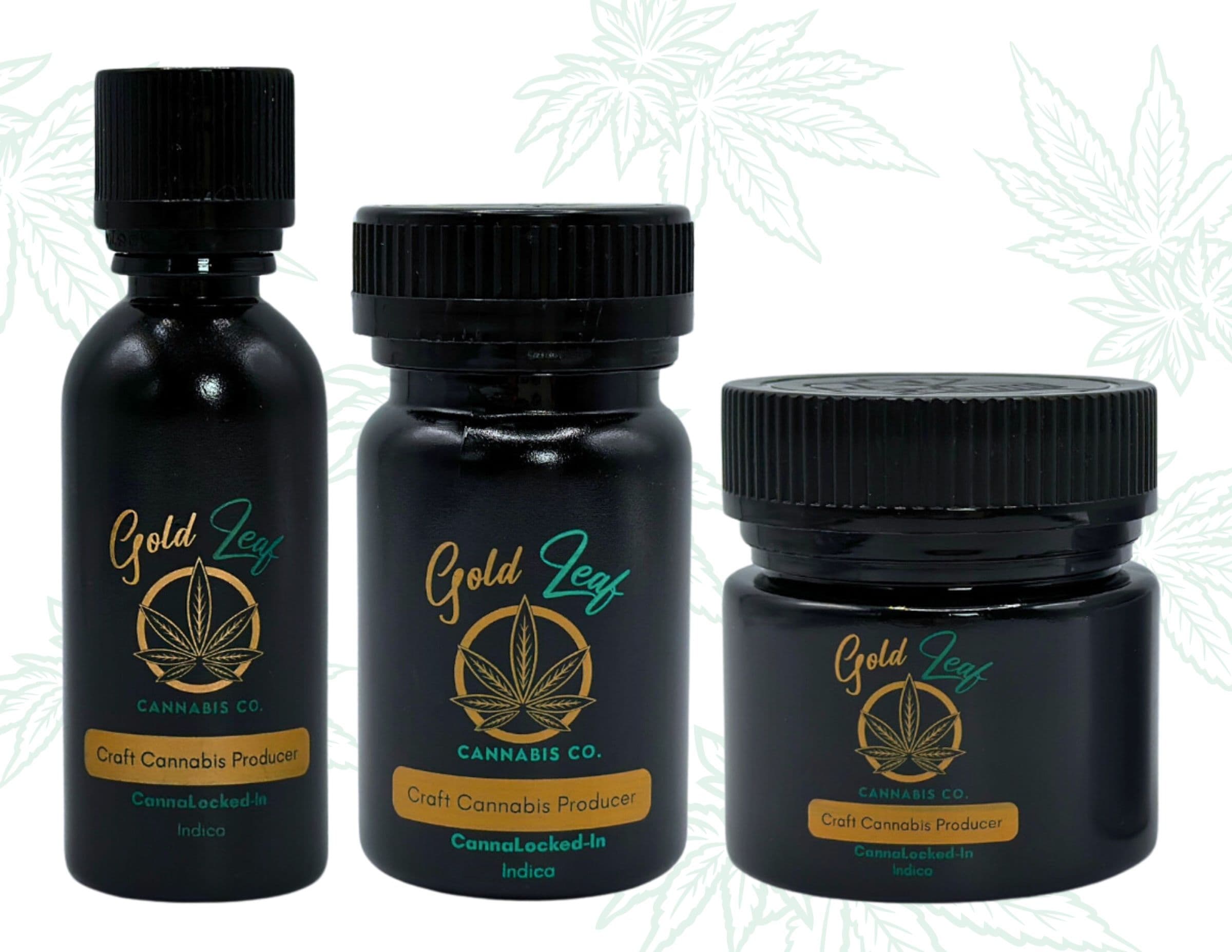 Three matte black PET cannabis containers (bottle, jar, and wide-mouth jar) featuring direct printed branding, demonstrating durable label-free packaging by MedLock.