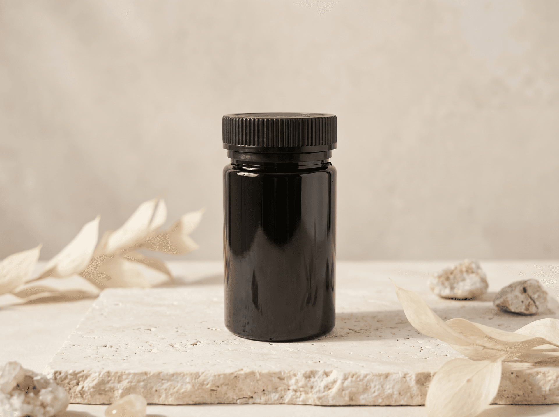 Black 60DR PET Jar with Foil Cap Front three-quarter hero white scenery product image