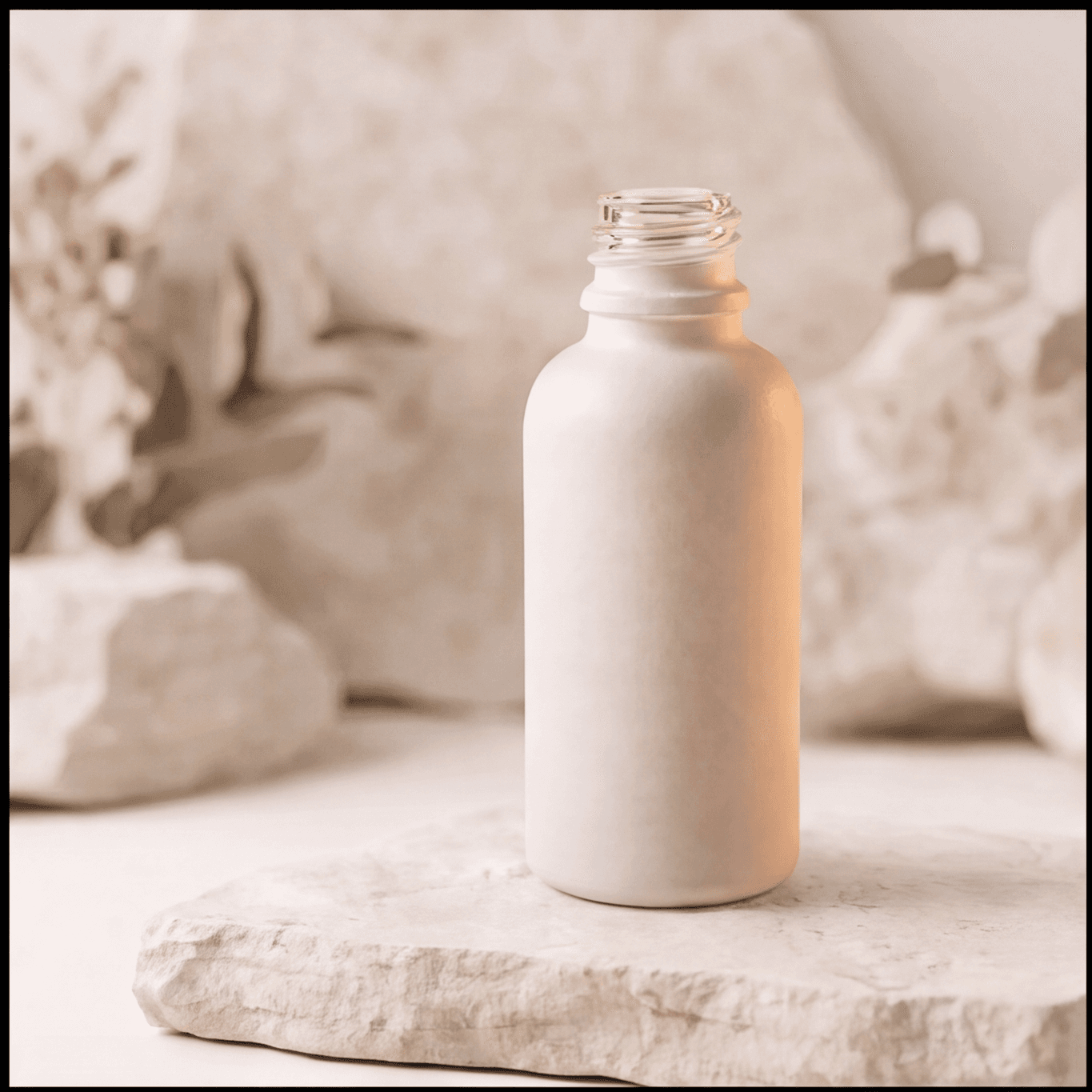 18-415 White Glass Bottle 30ml Front three-quarter hero white scenery product image